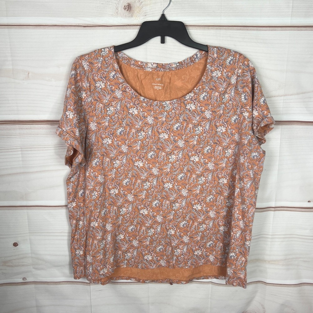 J Jill Top Womens 2X Orange Floral T-Shirt Everyday Cotton Tee Short Sleeve Knit